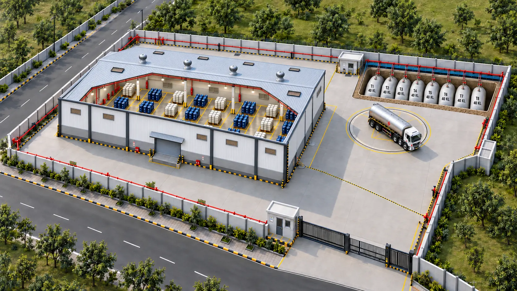 Aerial concept view of the Aanant LogistiX PESO warehouse, packaged storage area, tanker zone and eight underground tanks