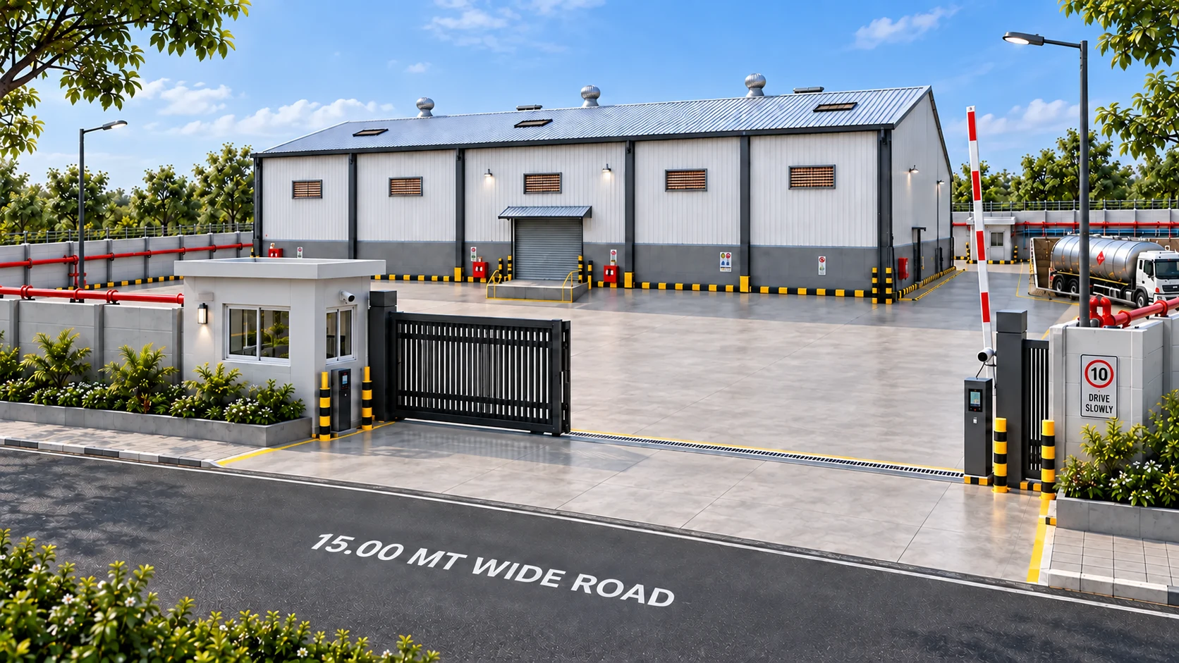 Entrance concept view of the Aanant LogistiX warehouse with security cabin, automated gate and marked driveway